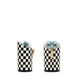 Cylinder Block Heel Kit 4 Checker Coal & Ivory, 4-inch interchangeable cylinder block heel, side view. Pashion convertible heels go from heel to flat and are customizable with interchangeable heel kits.