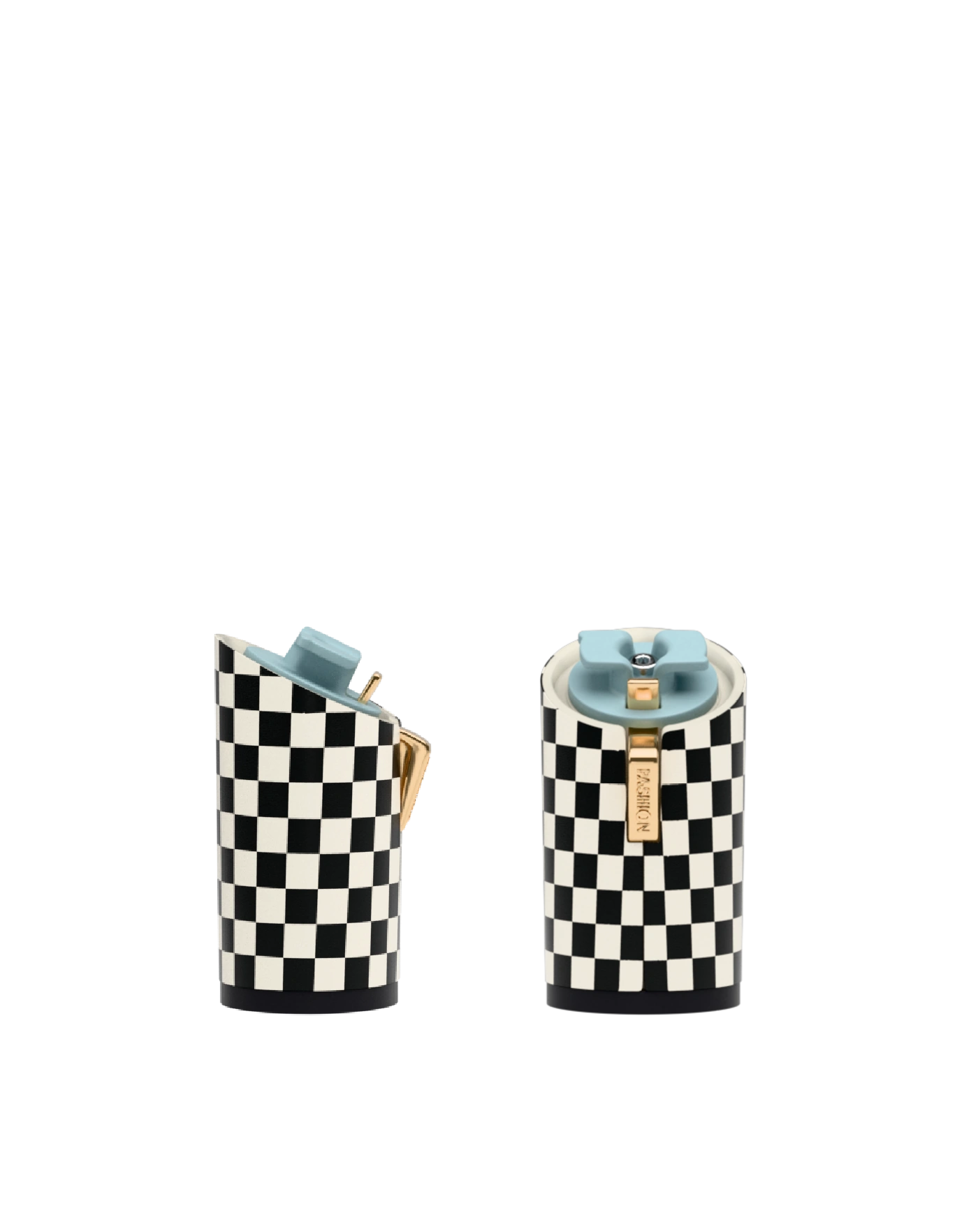 Cylinder Block Heel Kit 4 Checker Coal & Ivory, 4-inch interchangeable cylinder block heel, side view. Pashion convertible heels go from heel to flat and are customizable with interchangeable heel kits.