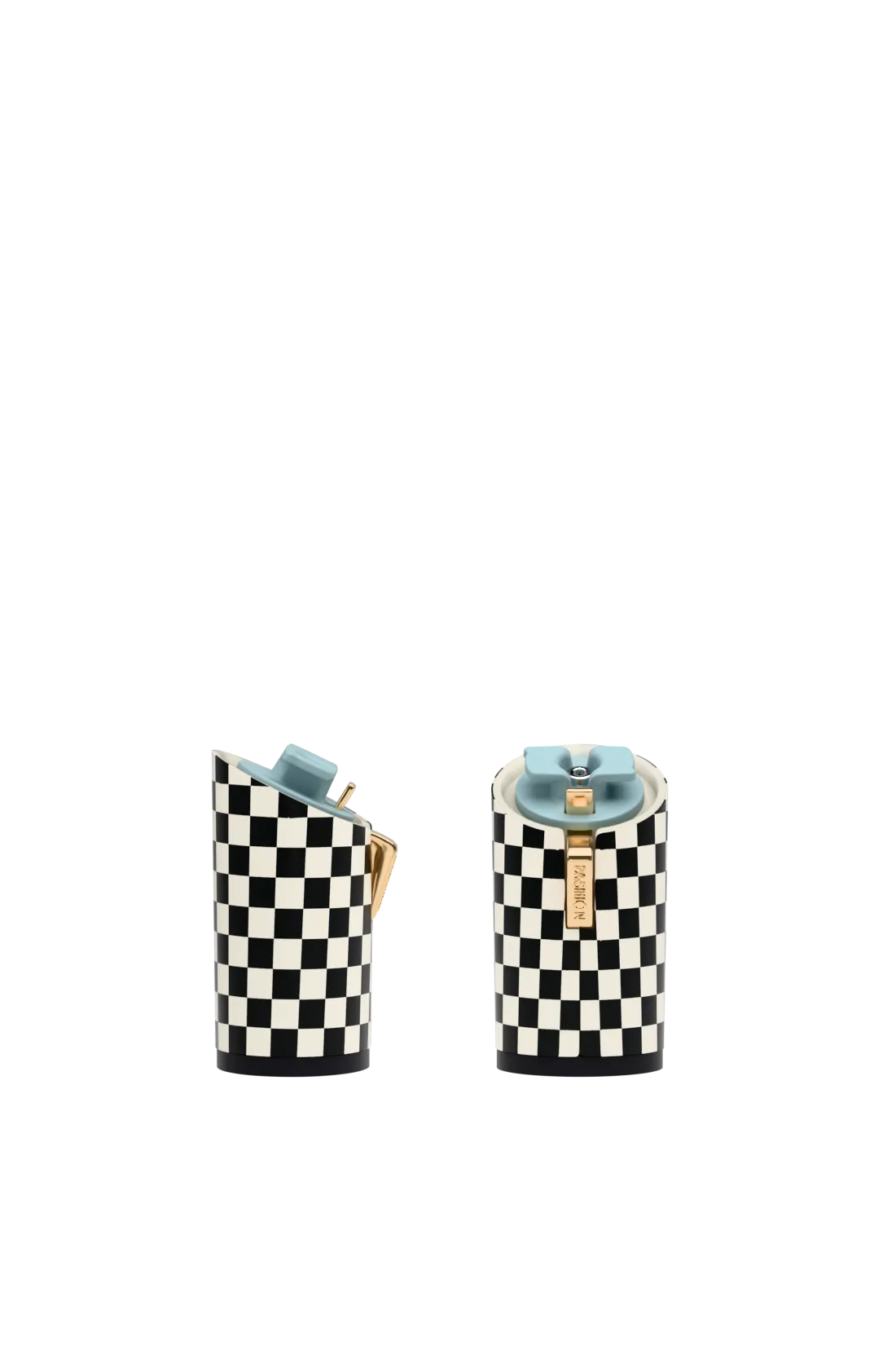 pair of checkered black and white block heel kits