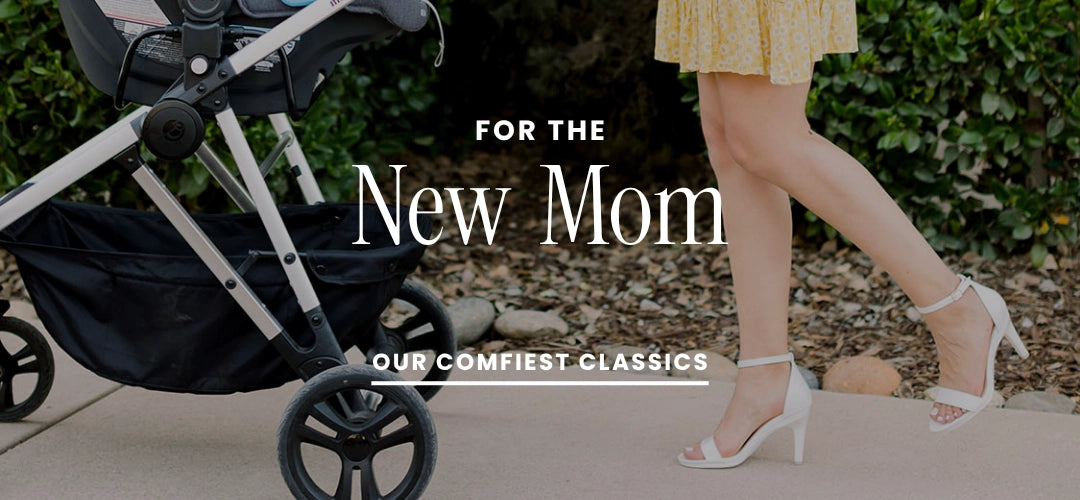 Stroller with text 'For the New Mom' and 'Our Comfiest Classics' on a blurred background.