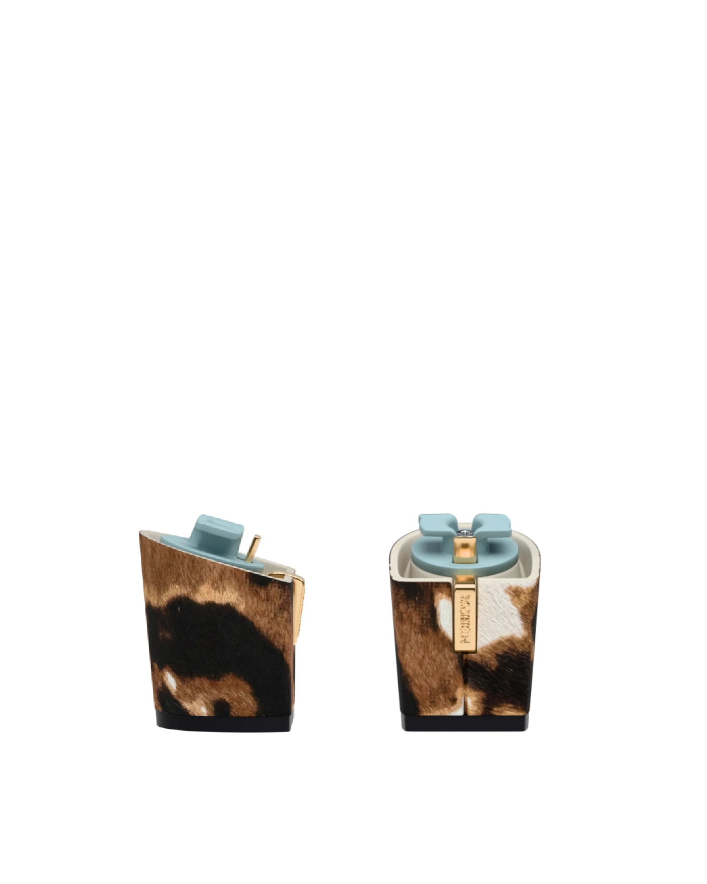 Block Heel Kit 3 Cow Print, 3-inch interchangeable block heel, side view. Pashion convertible heels go from heel to flat and are customizable with interchangeable heel kits.