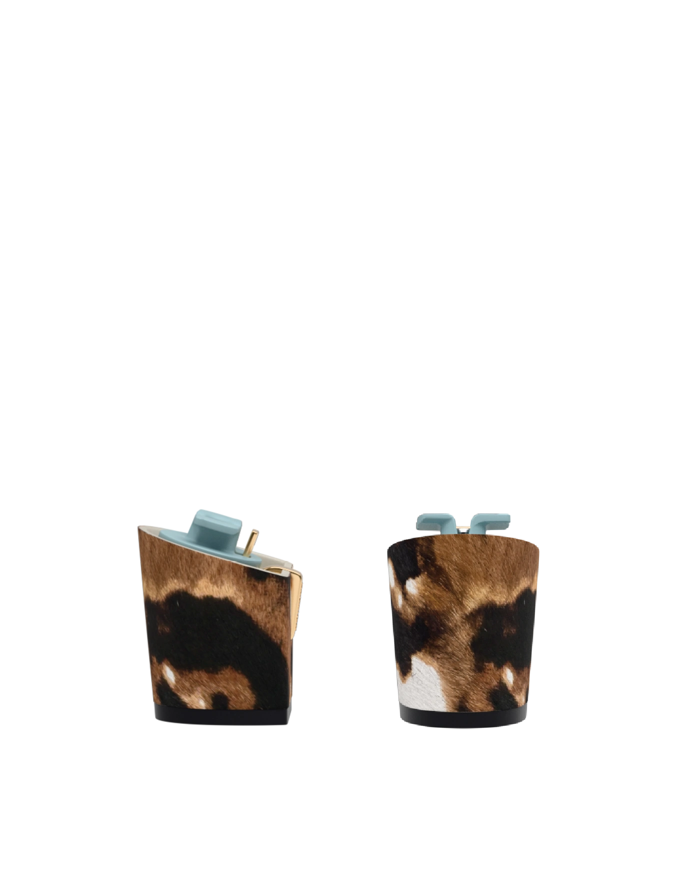 Block Heel Kit 3 Cow Print, back view. Pashion convertible heels go from heel to flat and are customizable with interchangeable heel kits.