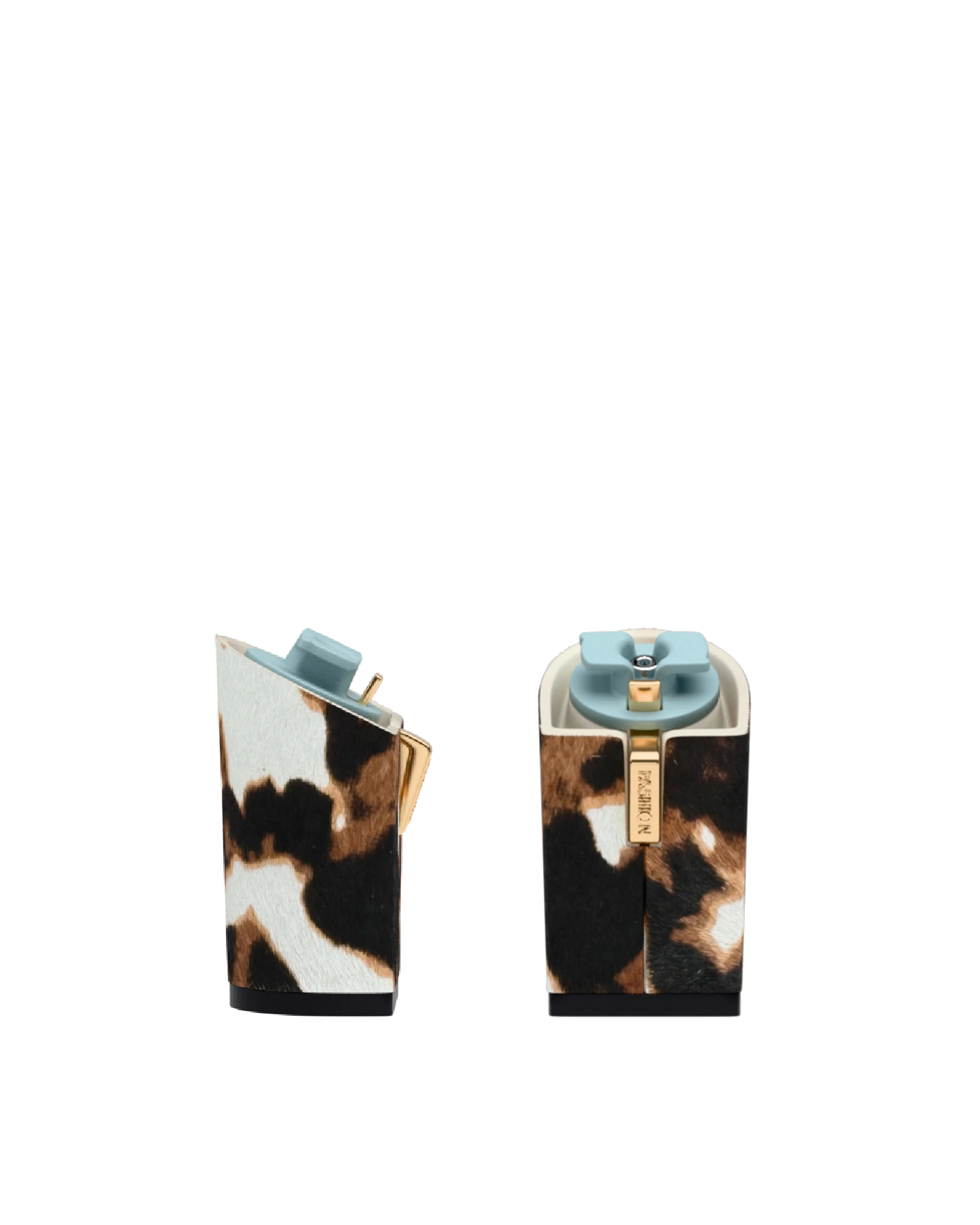 Block Heel Kit 4 Cow Print, 4-inch interchangeable block heel, side view. Pashion convertible heels go from heel to flat and are customizable with interchangeable heel kits.