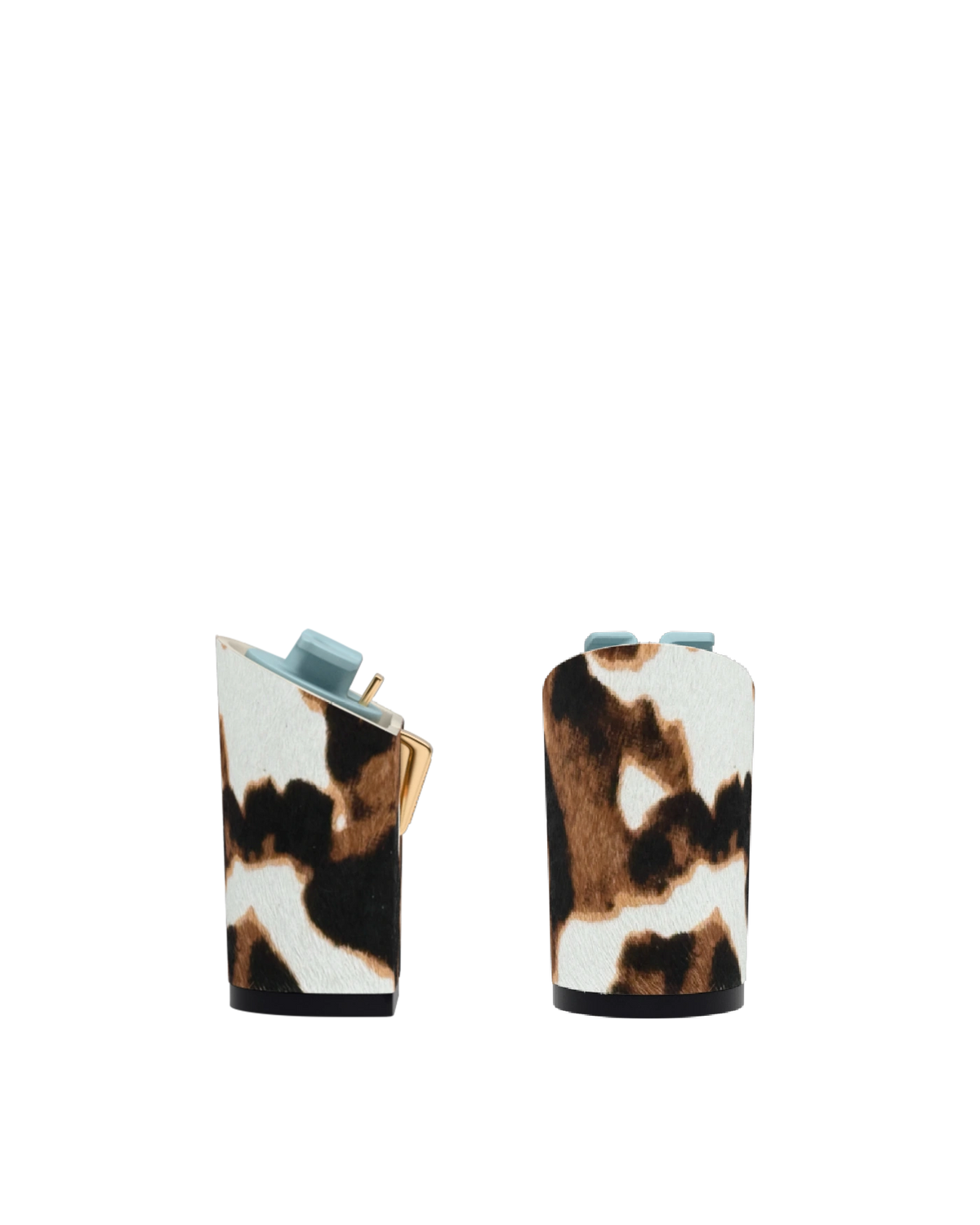 Block Heel Kit 4 Cow Print, back view. Pashion convertible heels go from heel to flat and are customizable with interchangeable heel kits.