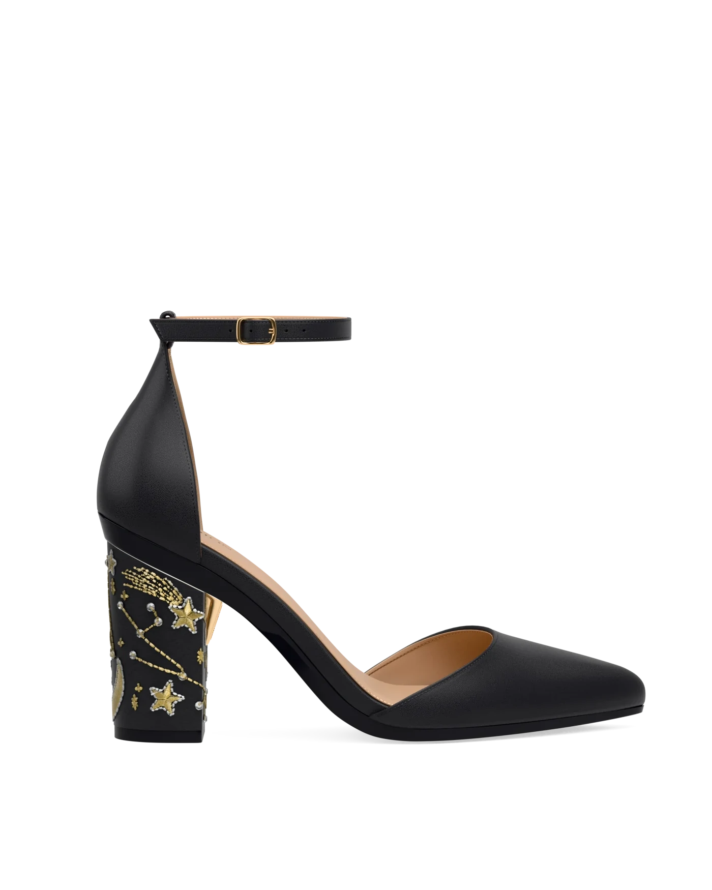 Block Heel Kit 4 Coal Constellation Embroidery shown on the D'Orsay Coal Leather upper. Pashion convertible heels go from heel to flat and are customizable with interchangeable heel kits.