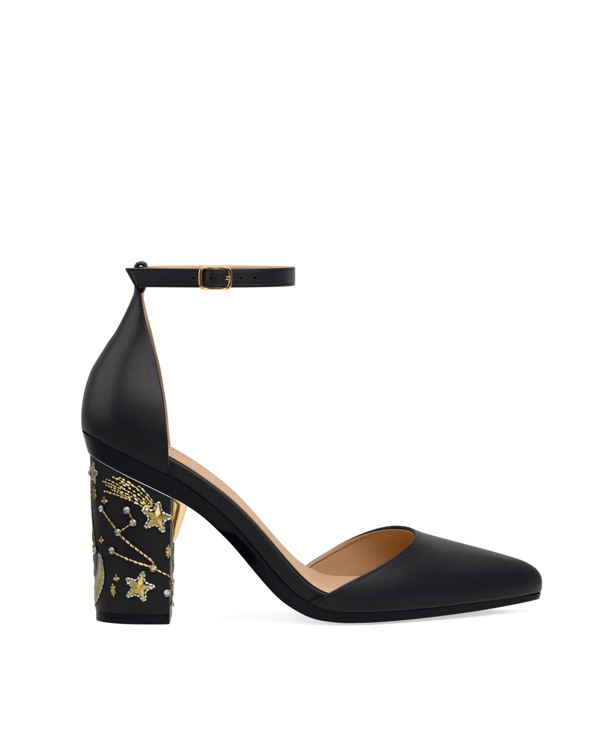 Block Heel Kit 4 Coal Constellation Embroidery shown on the D'Orsay Coal Leather upper. Pashion convertible heels go from heel to flat and are customizable with interchangeable heel kits.