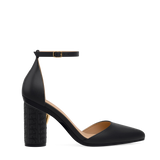 Cylinder Block Heel Kit 4 Coal Pashion Monogram Embroidery shown on the D'Orsay Coal Leather upper. Pashion convertible heels go from heel to flat and are customizable with interchangeable heel kits.
