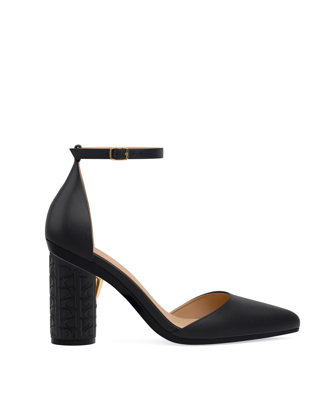 Cylinder Block Heel Kit 4 Coal Pashion Monogram Embroidery shown on the D'Orsay Coal Leather upper. Pashion convertible heels go from heel to flat and are customizable with interchangeable heel kits.