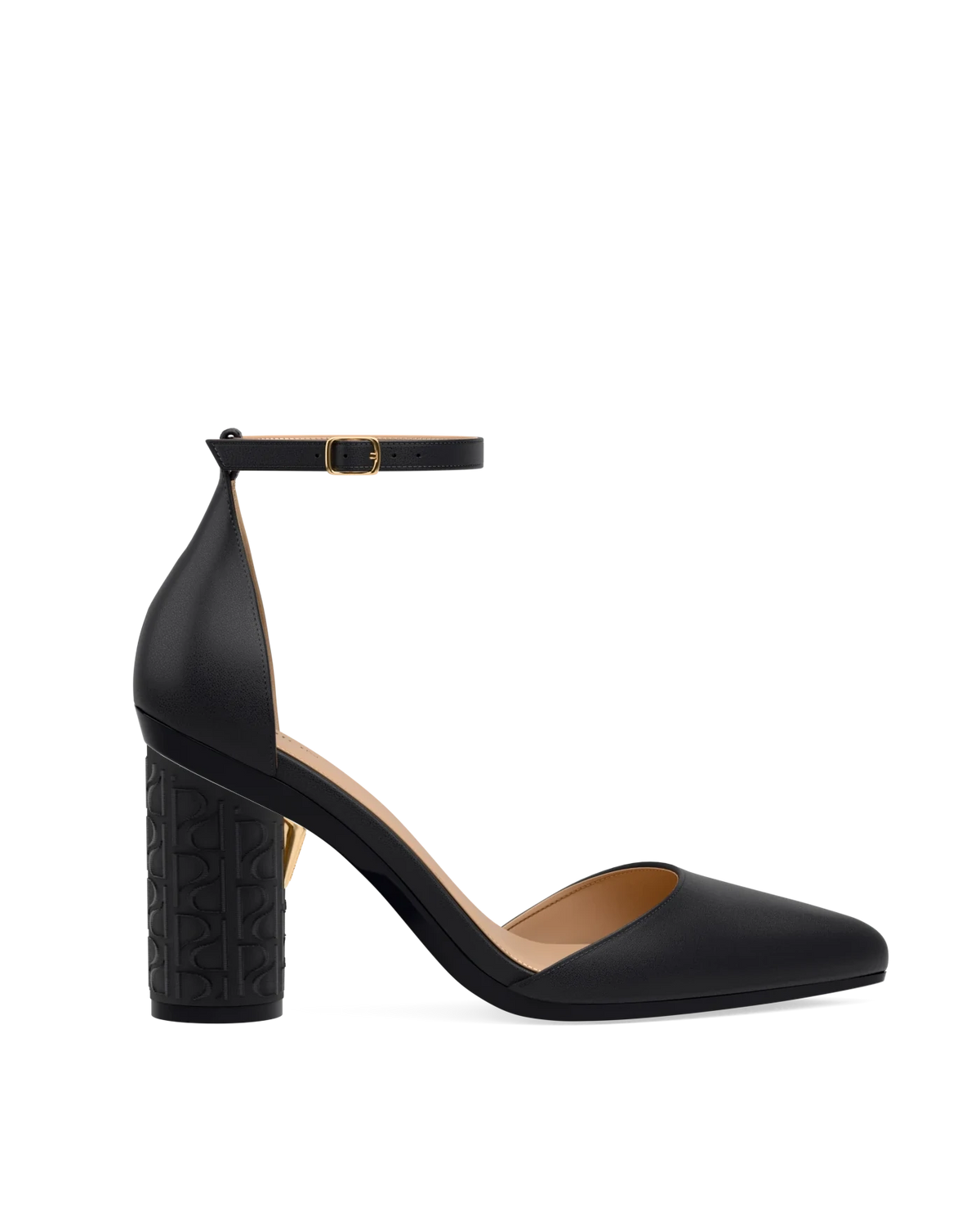 Cylinder Block Heel Kit 4 Coal Pashion Monogram Embroidery shown on the D'Orsay Coal Leather upper. Pashion convertible heels go from heel to flat and are customizable with interchangeable heel kits.