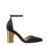 Block Heel Kit 4 Gold Metallic shown on the D'Orsay Coal Leather upper. Pashion convertible heels go from heel to flat and are customizable with interchangeable heel kits.