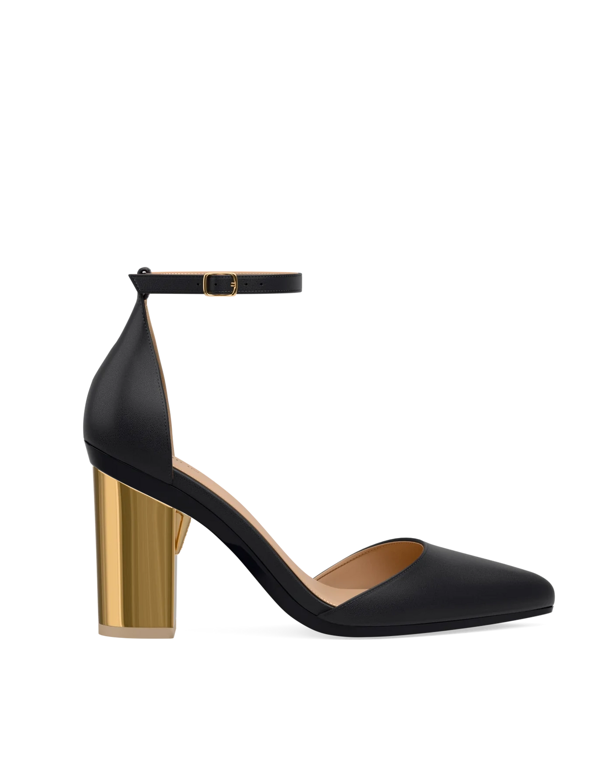 Block Heel Kit 4 Gold Metallic shown on the D'Orsay Coal Leather upper. Pashion convertible heels go from heel to flat and are customizable with interchangeable heel kits.