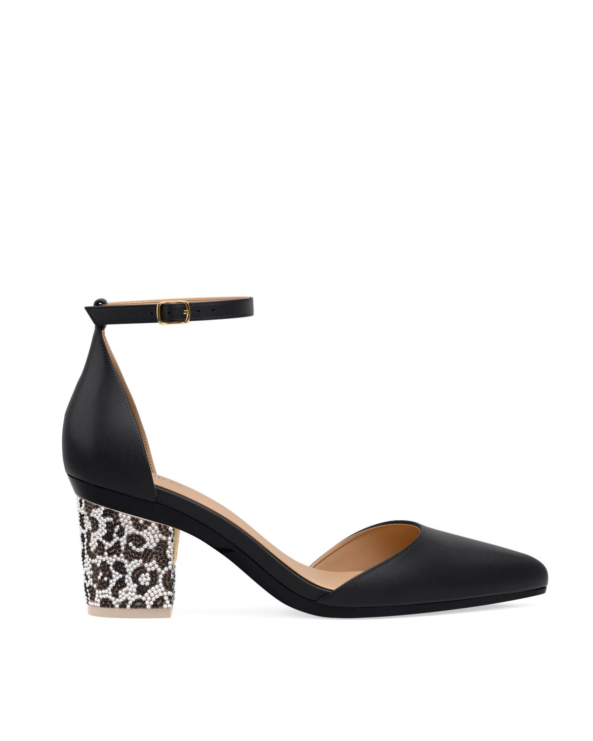 Block Heel Kit 3 Snow Leopard Rhinestone shown on the D'Orsay Coal Leather upper. Pashion convertible heels go from heel to flat and are customizable with interchangeable heel kits.
