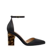 Block Heel Kit 4 Tortoise shown on the D'Orsay Coal Leather upper. Pashion convertible heels go from heel to flat and are customizable with interchangeable heel kits.