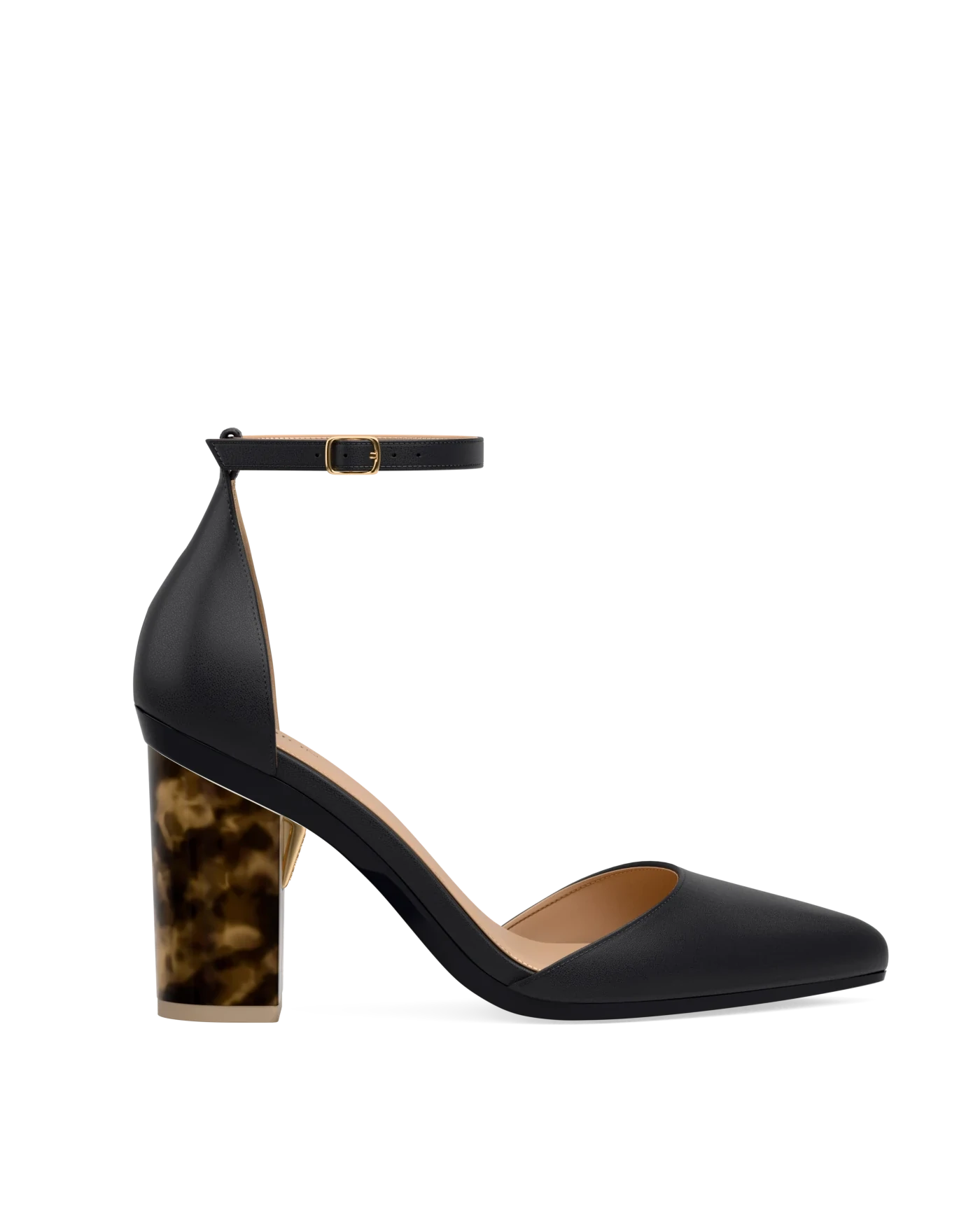 Block Heel Kit 4 Tortoise shown on the D'Orsay Coal Leather upper. Pashion convertible heels go from heel to flat and are customizable with interchangeable heel kits.