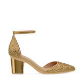 Block Heel Kit 3 Gold Metallic shown on the D'Orsay Gold Mixed Rhinestone upper. Pashion convertible heels go from heel to flat and are customizable with interchangeable heel kits.