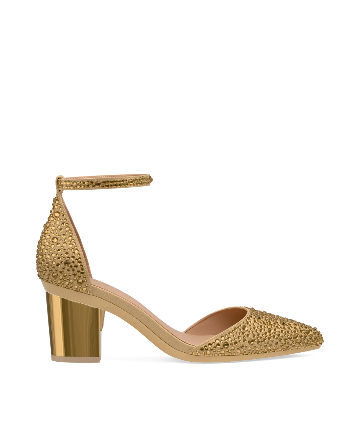 Block Heel Kit 3 Gold Metallic shown on the D'Orsay Gold Mixed Rhinestone upper. Pashion convertible heels go from heel to flat and are customizable with interchangeable heel kits.