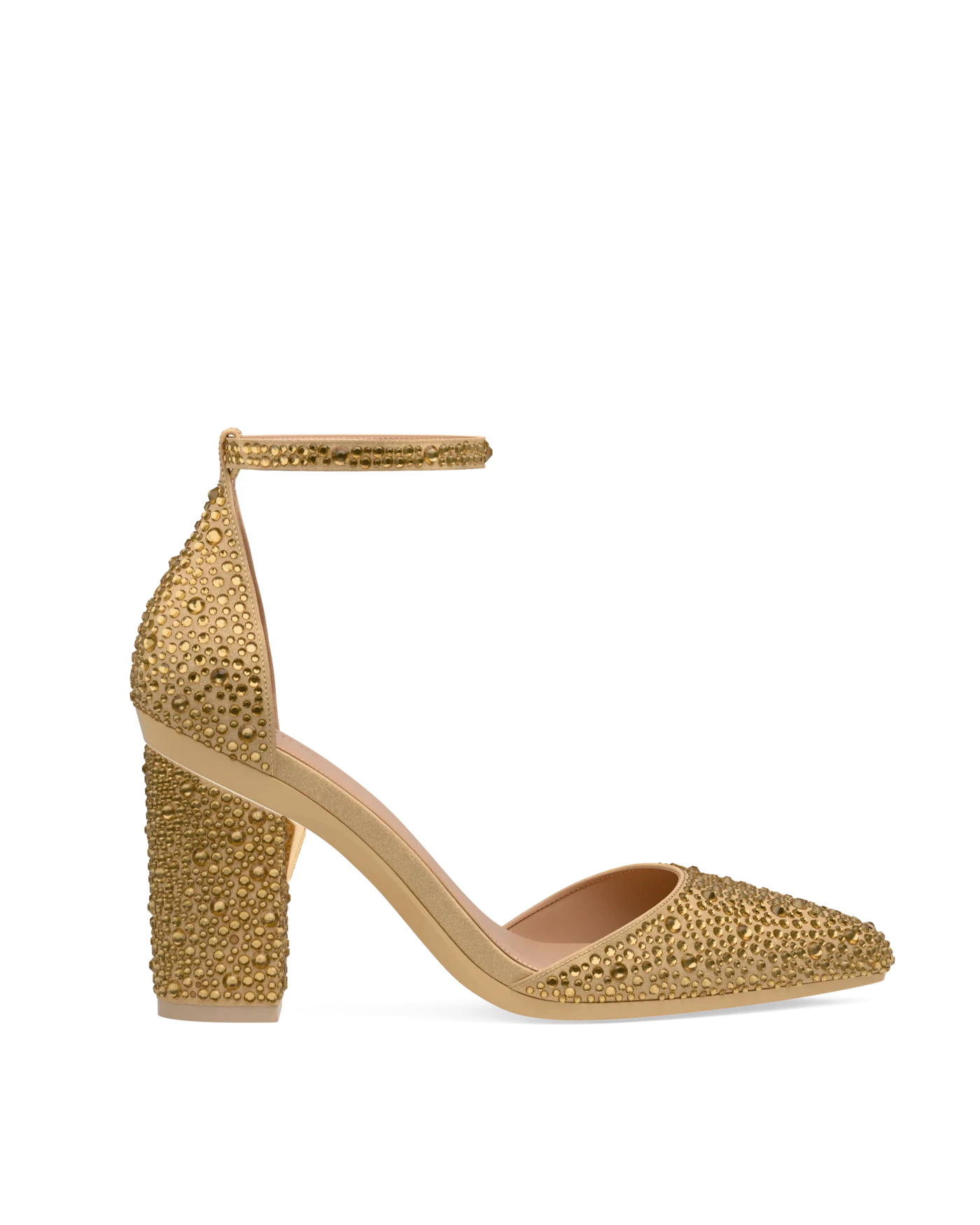 Block Heel Kit 4 Gold Mixed Rhinestone shown on the D'Orsay Gold Mixed Rhinestone upper. Pashion convertible heels go from heel to flat and are customizable with interchangeable heel kits.