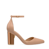 Block Heel Kit 4 Copper Metallic shown on the D'Orsay Latte Leather upper. Pashion convertible heels go from heel to flat and are customizable with interchangeable heel kits.