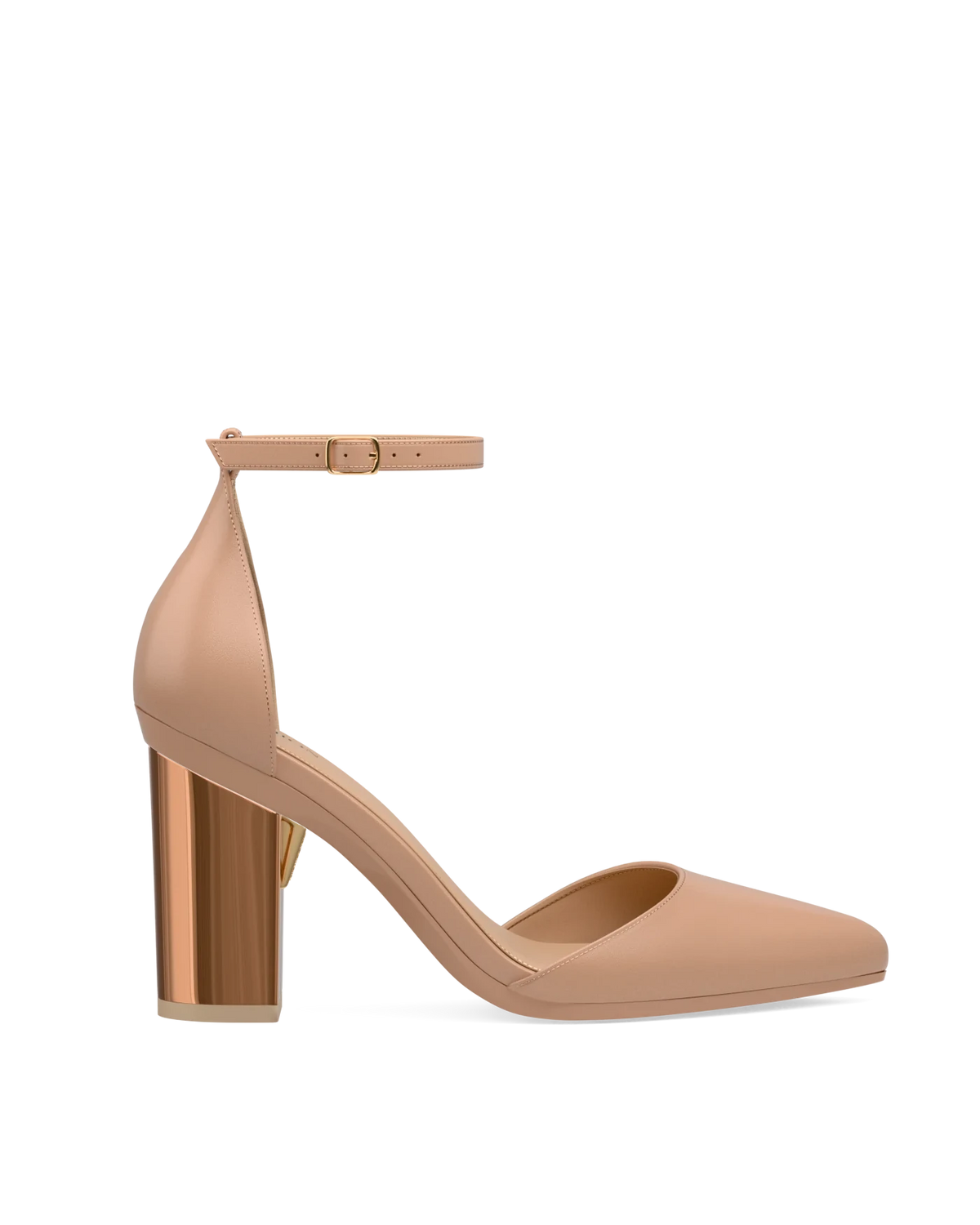 Block Heel Kit 4 Copper Metallic shown on the D'Orsay Latte Leather upper. Pashion convertible heels go from heel to flat and are customizable with interchangeable heel kits.