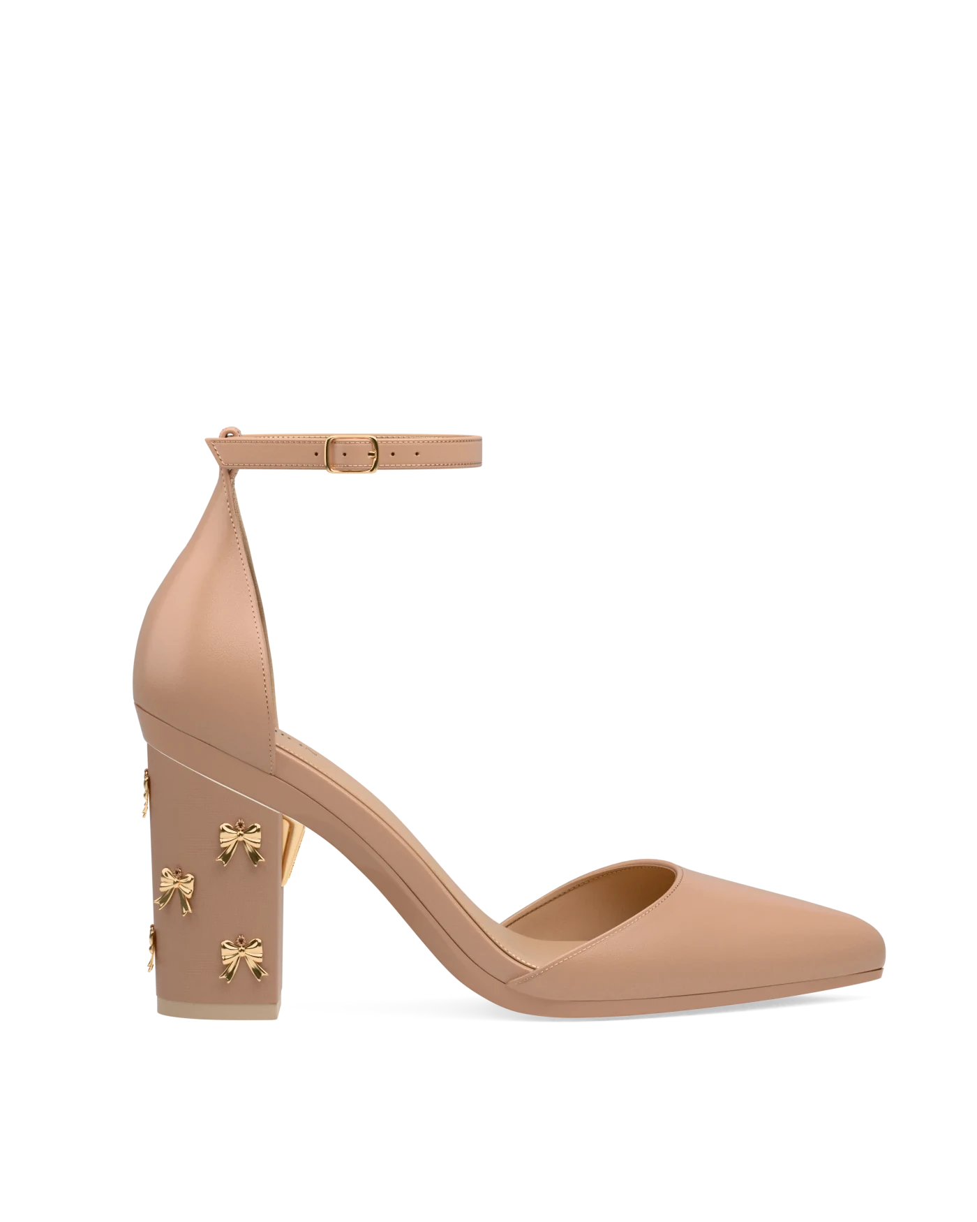 Block Heel Kit 4 Latte Bow Charm shown on the D'Orsay Latte Leather upper. Pashion convertible heels go from heel to flat and are customizable with interchangeable heel kits.