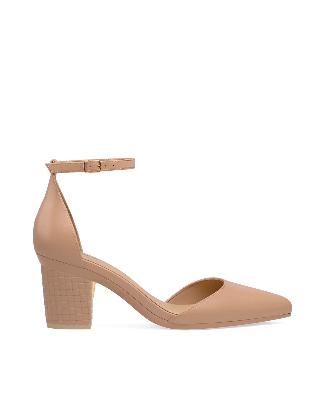 Block Heel Kit 3 Latte Woven Leather shown on the D'Orsay Latte Leather upper. Pashion convertible heels go from heel to flat and are customizable with interchangeable heel kits.