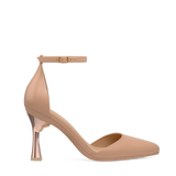 Flare Stiletto Heel Kit 4 Rose Gold Metallic shown on the D'Orsay Latte Leather upper. Pashion convertible heels go from heel to flat and are customizable with interchangeable heel kits.