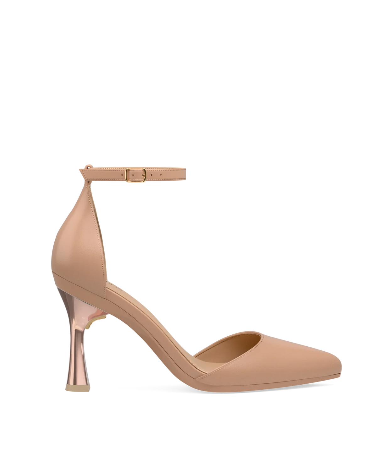 Flare Stiletto Heel Kit 4 Rose Gold Metallic shown on the D'Orsay Latte Leather upper. Pashion convertible heels go from heel to flat and are customizable with interchangeable heel kits.
