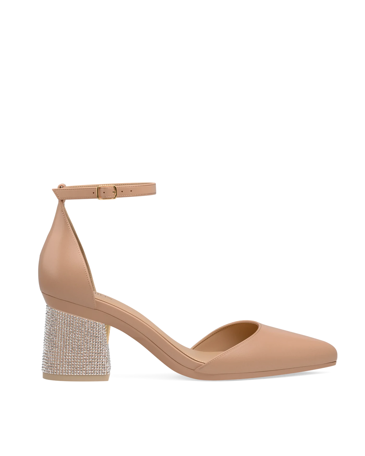 Flare Block Heel Kit 3 Sand Rhinestone shown on the D'Orsay Latte Leather upper. Pashion convertible heels go from heel to flat and are customizable with interchangeable heel kits.