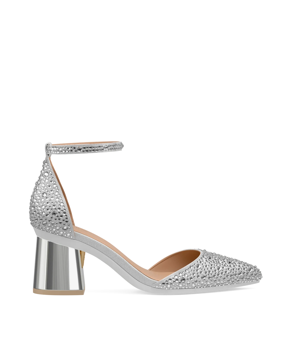 Flare Block Heel Kit 3 Silver Metallic shown on the D'Orsay Silver Mixed Rhinestone upper. Pashion convertible heels go from heel to flat and are customizable with interchangeable heel kits.