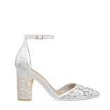 Block Heel Kit 4 Ivory Floral Embroidery shown on the D'Orsay White Lace upper. Pashion convertible heels go from heel to flat and are customizable with interchangeable heel kits.