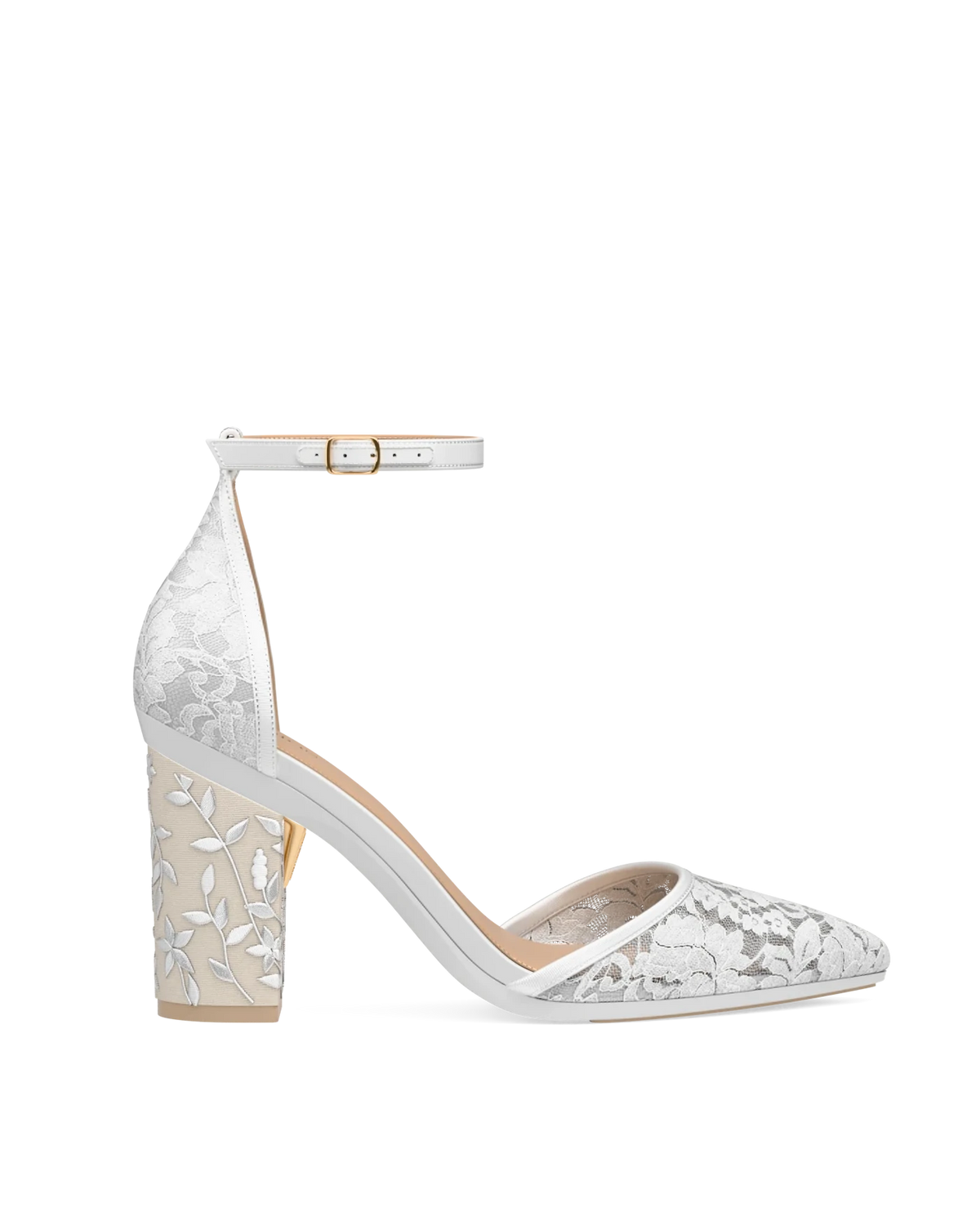 Block Heel Kit 4 Ivory Floral Embroidery shown on the D'Orsay White Lace upper. Pashion convertible heels go from heel to flat and are customizable with interchangeable heel kits.