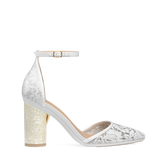 Cylinder Block Heel Kit 4 Mother of Pearl shown on the D'Orsay White Lace upper. Pashion convertible heels go from heel to flat and are customizable with interchangeable heel kits.