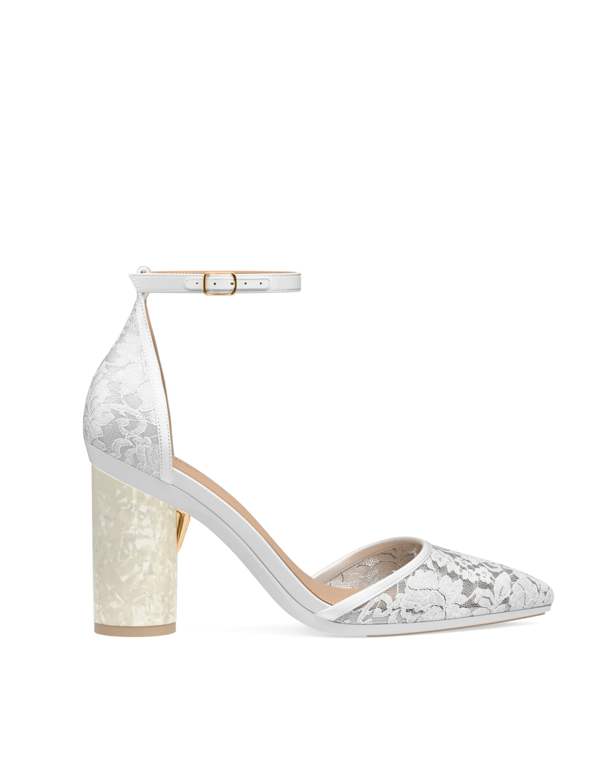 Cylinder Block Heel Kit 4 Mother of Pearl shown on the D'Orsay White Lace upper. Pashion convertible heels go from heel to flat and are customizable with interchangeable heel kits.
