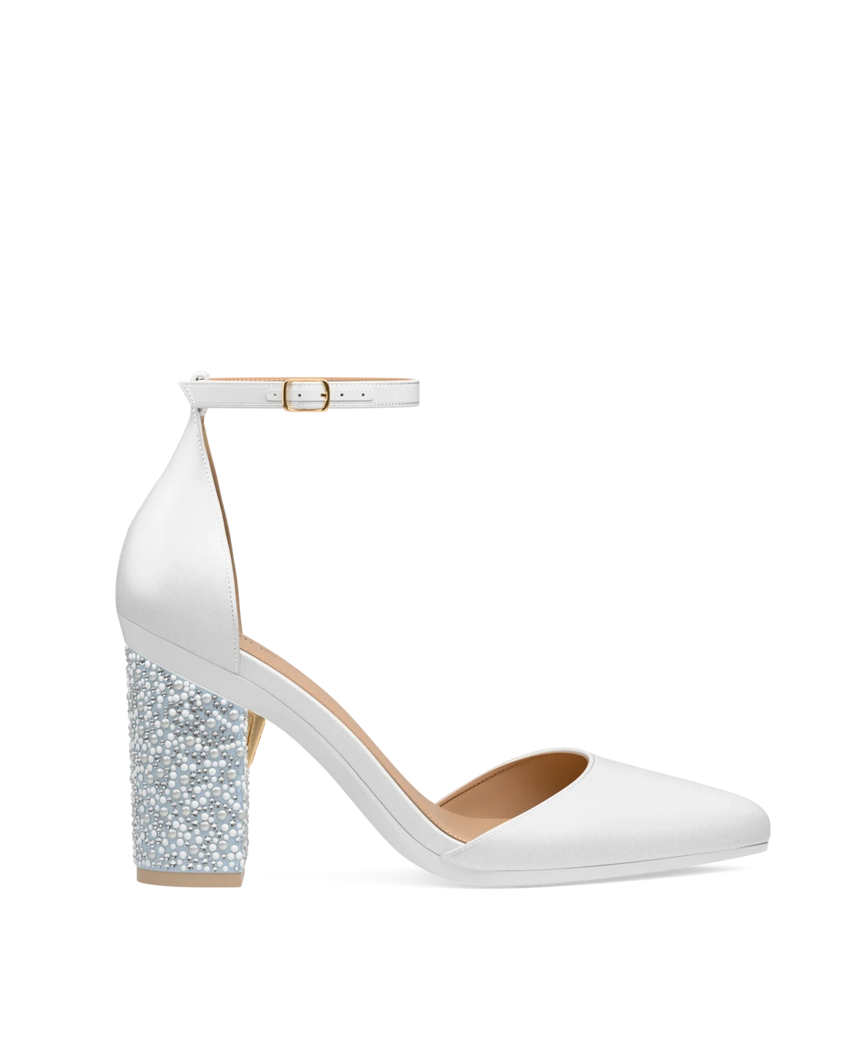 Block Heel Kit 4 Baby Blue Pearl & Rhinestone shown on the D'Orsay White Satin upper. Pashion convertible heels go from heel to flat and are customizable with interchangeable heel kits.