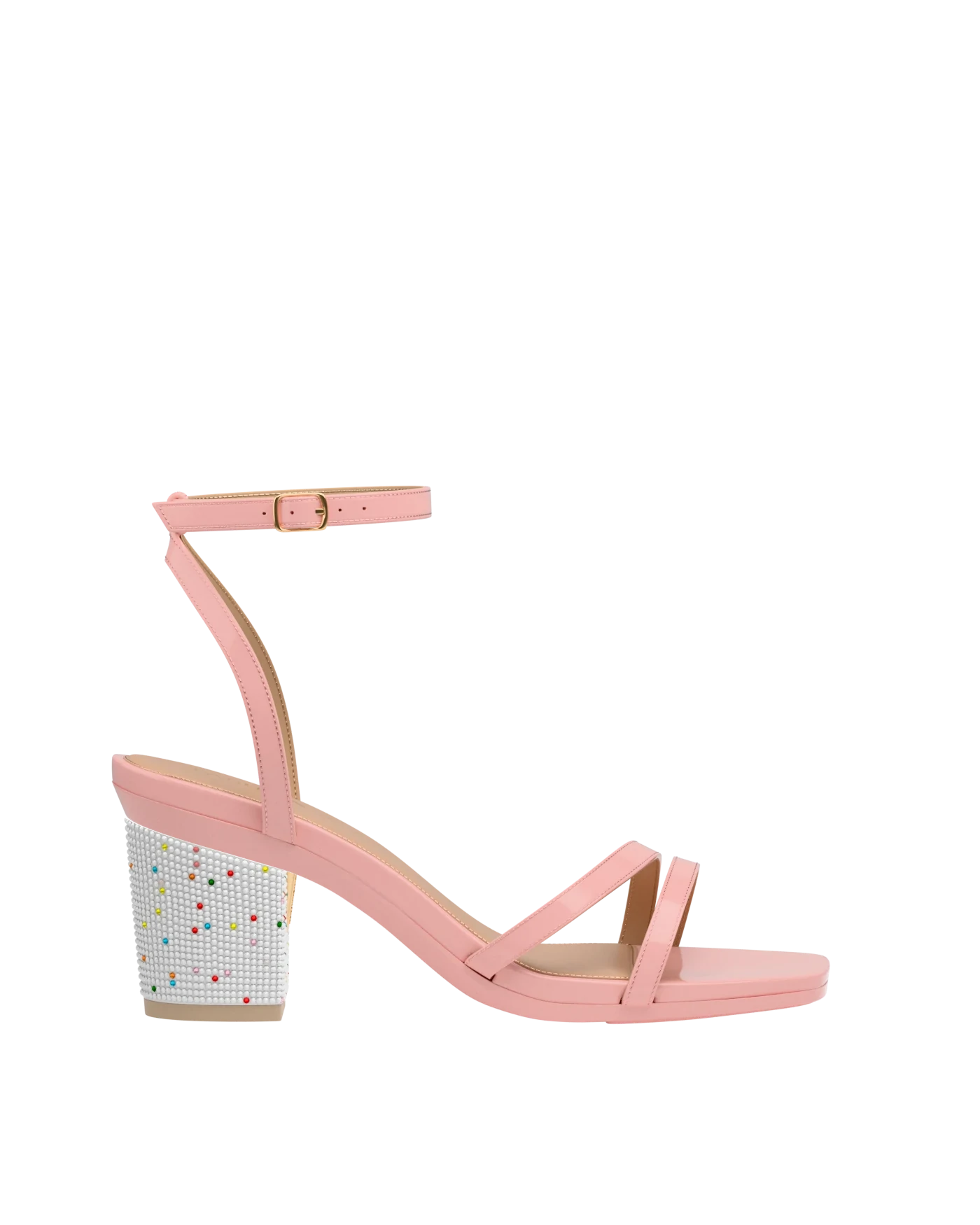 Block Heel Kit 3 Birthday Rhinestone shown on the Emmy Blush Patent upper. Pashion convertible heels go from heel to flat and are customizable with interchangeable heel kits.
