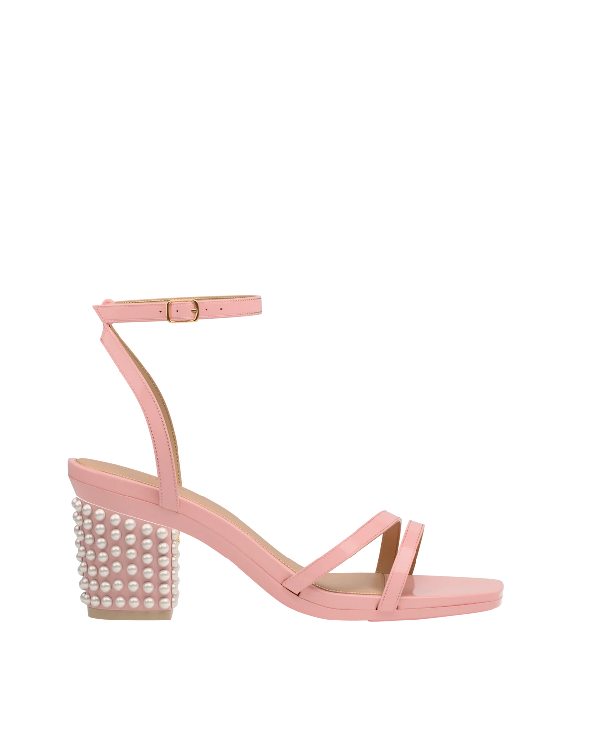 Block Heel Kit 3 Blush Pearl Drop shown on the Emmy Blush Patent upper. Pashion convertible heels go from heel to flat and are customizable with interchangeable heel kits.