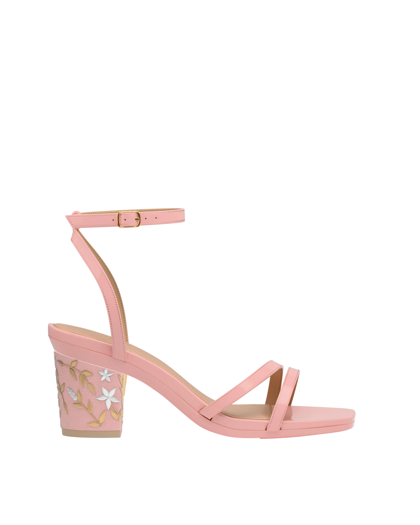 Block Heel Kit 3 Blush Gold Floral Embroidery shown on the Emmy Blush Patent upper. Pashion convertible heels go from heel to flat and are customizable with interchangeable heel kits.