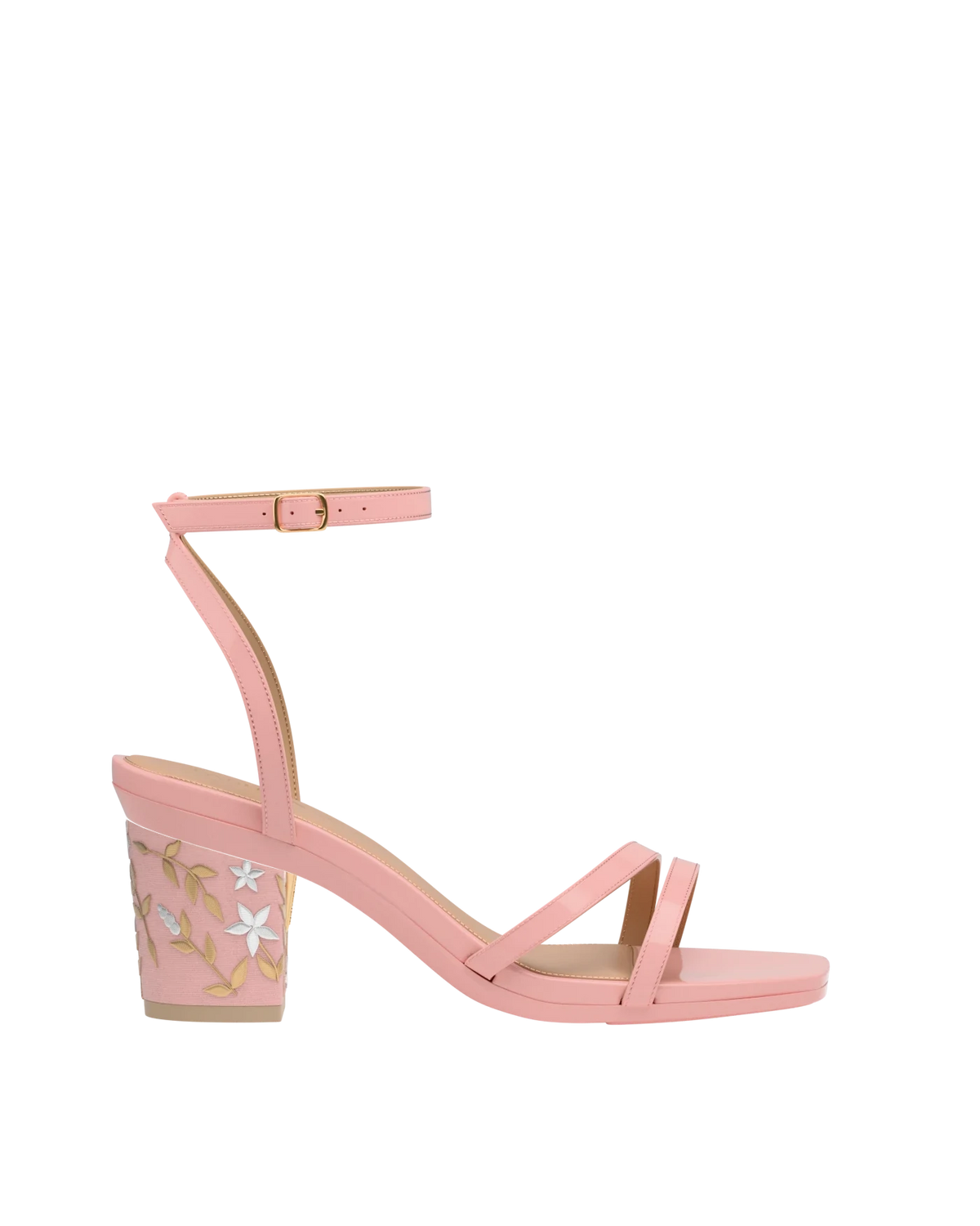 Block Heel Kit 3 Blush Gold Floral Embroidery shown on the Emmy Blush Patent upper. Pashion convertible heels go from heel to flat and are customizable with interchangeable heel kits.