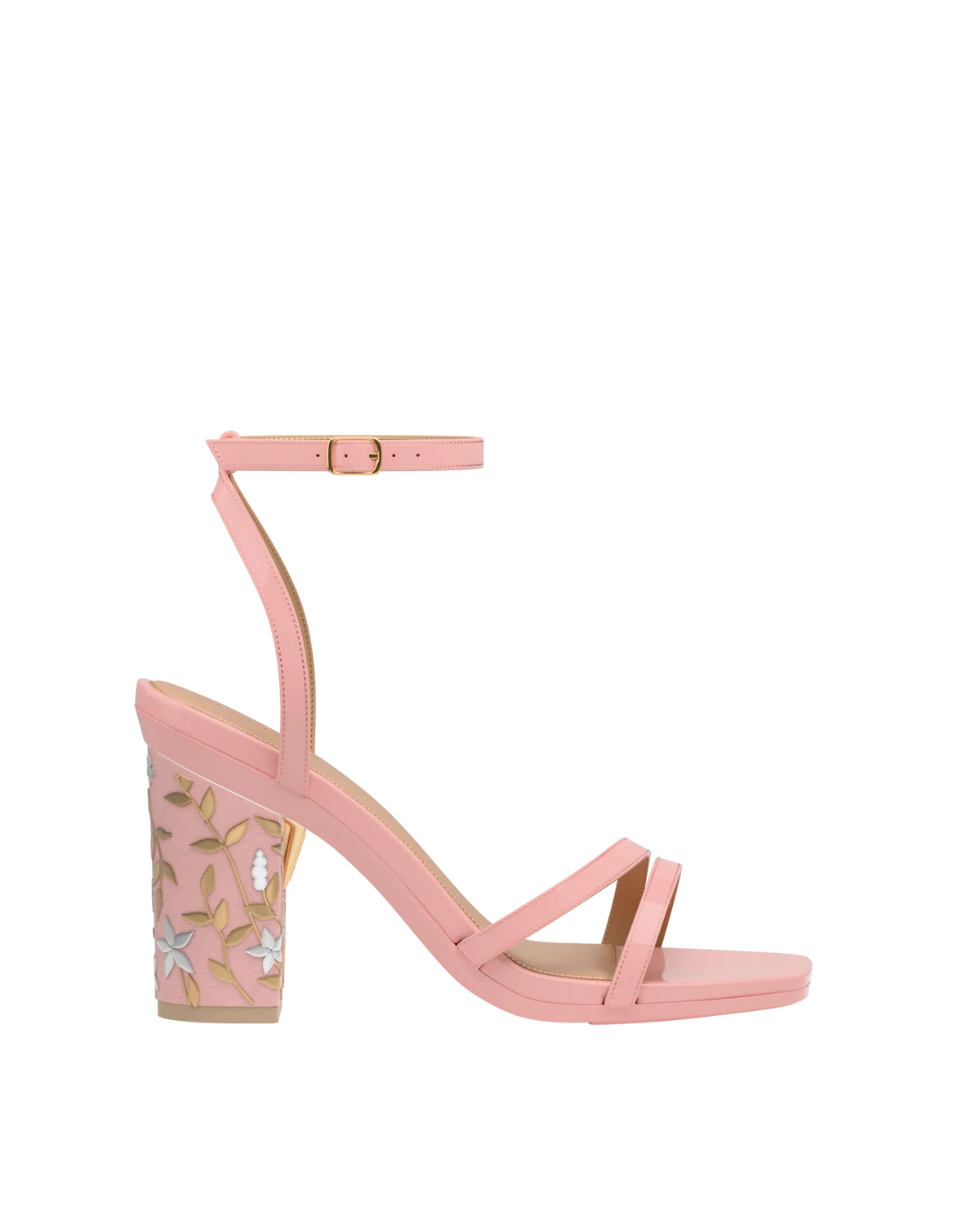 Block Heel Kit 4 Blush Gold Floral Embroidery shown on the Emmy Blush Patent upper. Pashion convertible heels go from heel to flat and are customizable with interchangeable heel kits.