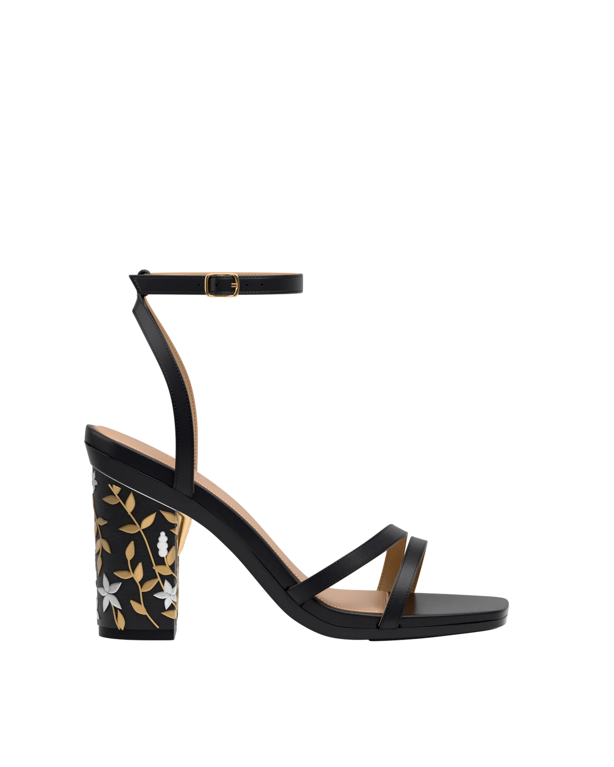 Block Heel Kit 4 Coal Gold Floral Embroidery shown on the Emmy Coal Leather upper. Pashion convertible heels go from heel to flat and are customizable with interchangeable heel kits.