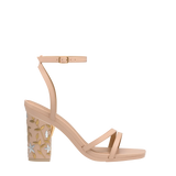 Block Heel Kit 4 Sand Gold Floral Embroidery shown on the Emmy Sand Leather upper. Pashion convertible heels go from heel to flat and are customizable with interchangeable heel kits.
