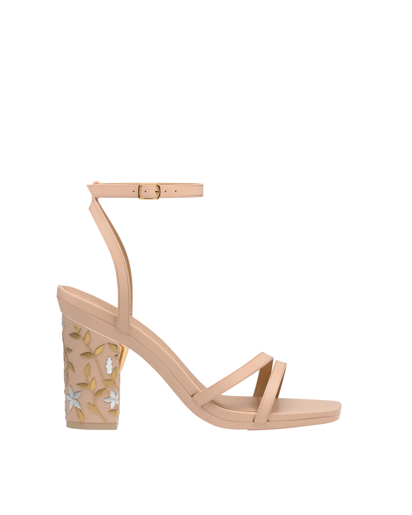 Block Heel Kit 4 Sand Gold Floral Embroidery shown on the Emmy Sand Leather upper. Pashion convertible heels go from heel to flat and are customizable with interchangeable heel kits.