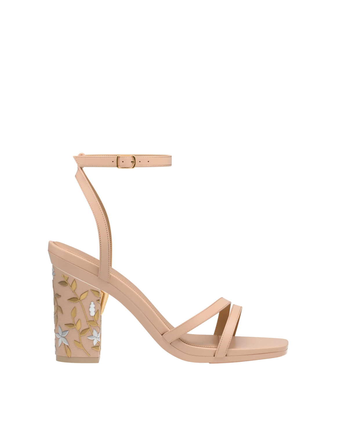 Block Heel Kit 4 Sand Gold Floral Embroidery shown on the Emmy Sand Leather upper. Pashion convertible heels go from heel to flat and are customizable with interchangeable heel kits.