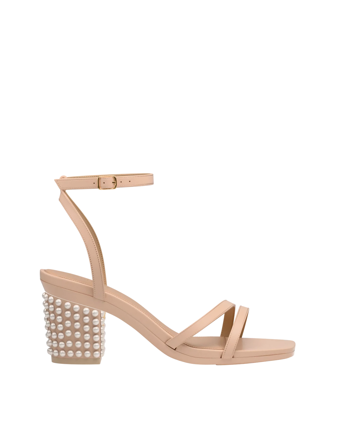 Block Heel Kit 3 Sand Pearl Drop shown on the Emmy Sand Leather upper. Pashion convertible heels go from heel to flat and are customizable with interchangeable heel kits.
