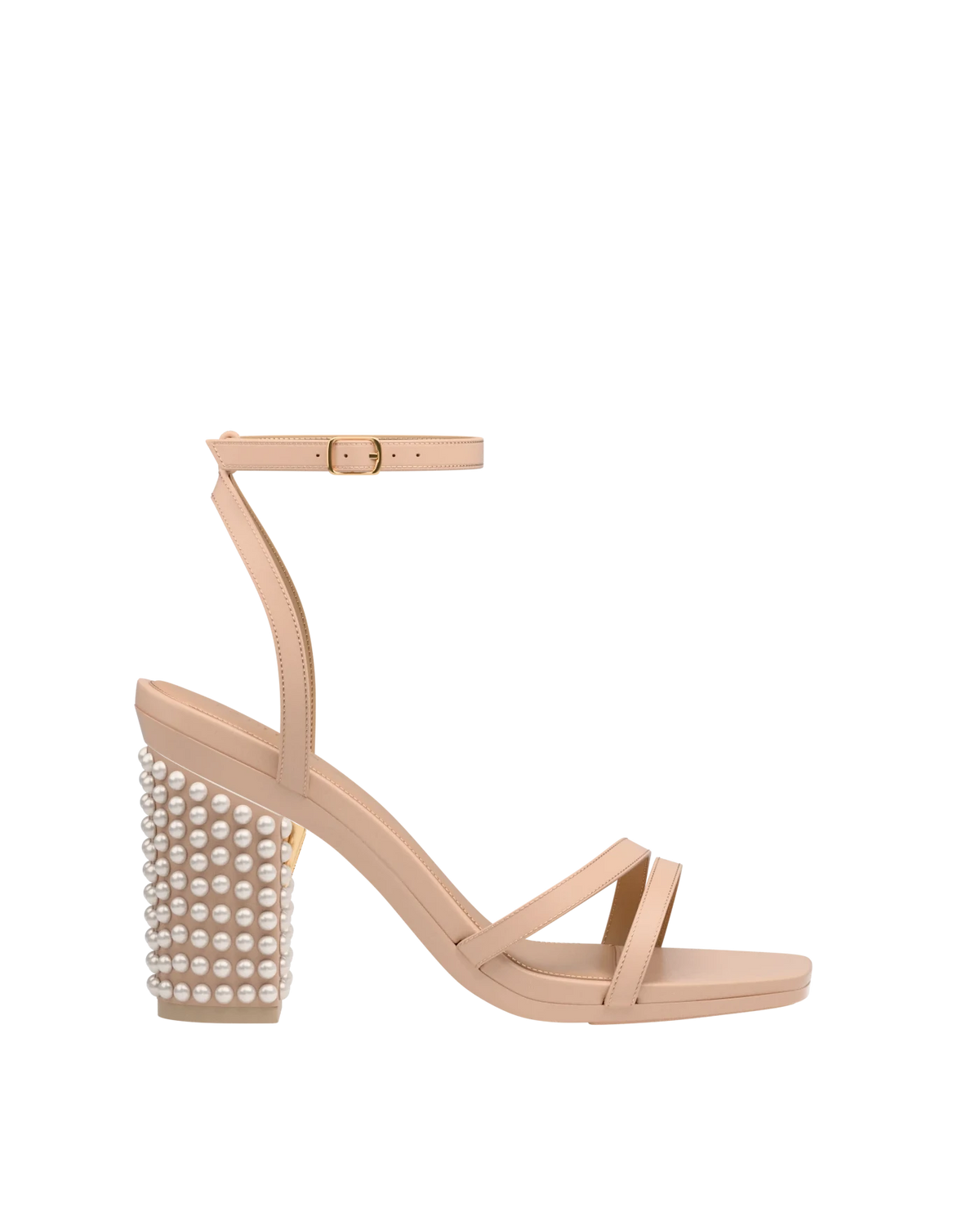 Block Heel Kit 4 Sand Pearl Drop shown on the Emmy Sand Leather upper. Pashion convertible heels go from heel to flat and are customizable with interchangeable heel kits.