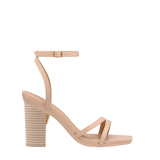 Block Heel Kit 4 Sand Wood shown on the Emmy Sand Leather upper. Pashion convertible heels go from heel to flat and are customizable with interchangeable heel kits.