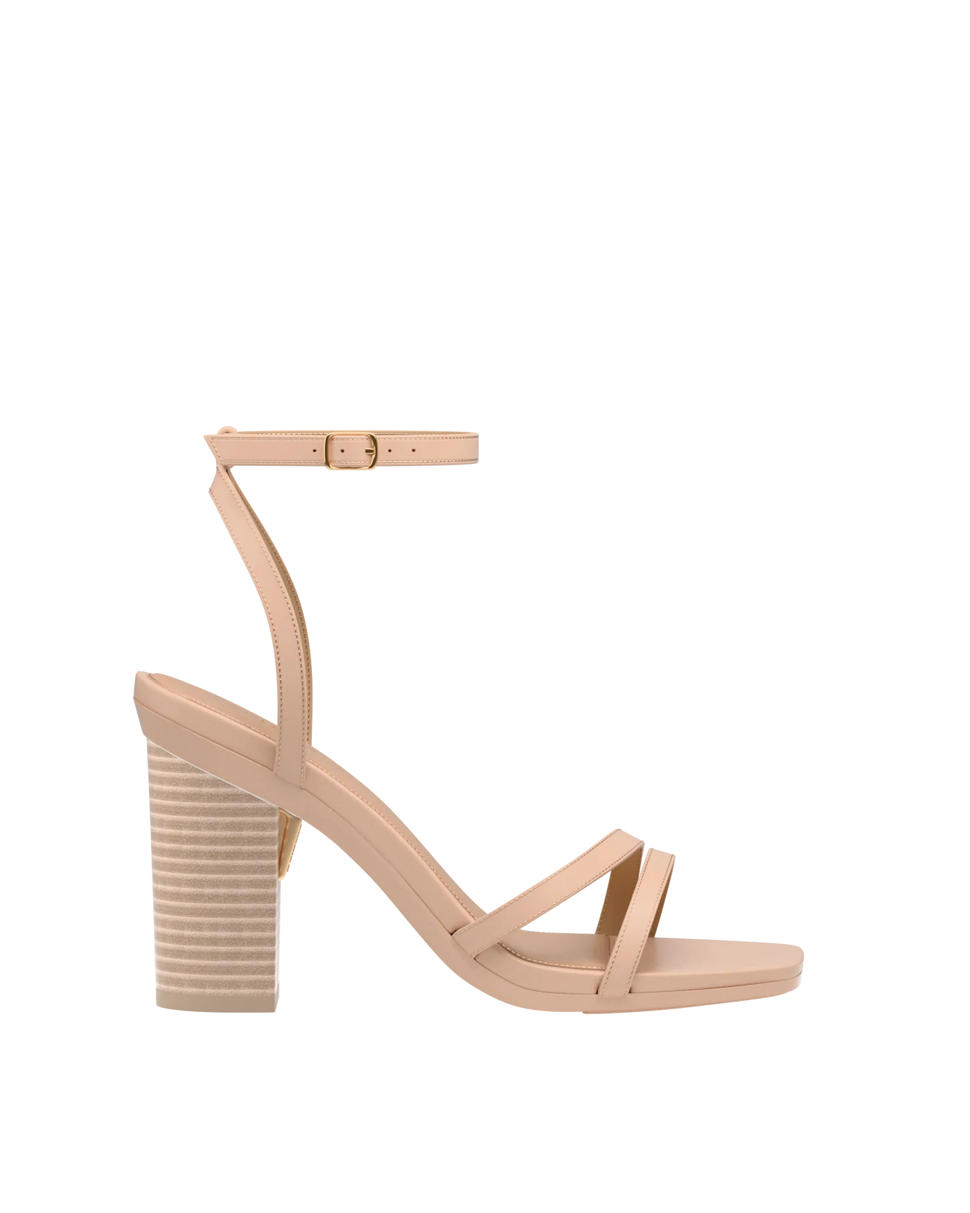 Block Heel Kit 4 Sand Wood shown on the Emmy Sand Leather upper. Pashion convertible heels go from heel to flat and are customizable with interchangeable heel kits.