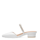 Evelyn Mule - White Satin Pearl Flat