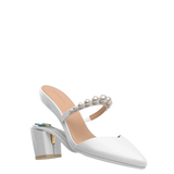 Evelyn Mule - White Satin Pearl 3 Block