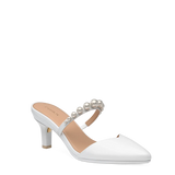 Evelyn Mule - White Satin Pearl 3 Stiletto